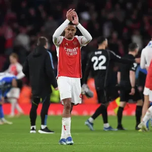 Arsenal's Gabriel Magalhaes Celebrates with Fans After Arsenal v Brighton & Hove Albion Win (2023-24)