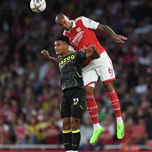 Arsenal's Gabriel Magalhaes Heads Ball Against Aston Villa in 2022-23 Premier League Clash