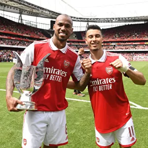 Arsenal's Gabriel Magalhaes and Martinelli Lift Emirates Cup after Arsenal vs Sevilla Friendly