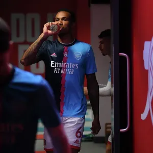 Arsenal's Gabriel Magalhaes Prepares for Arsenal v Brighton & Hove Albion in Premier League (2022-23)