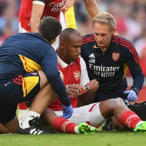 Arsenal's Gabriel Magalhaes Receives Treatment During Arsenal v Fulham Match, 2022-23 Premier League Arsenal's Gabriel Magalhaes Receives Treatment During Arsenal v Fulham Match, 2022-23 Premier League