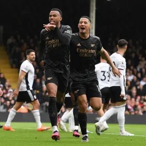 Print of Gabriel and Saliba celebrating Arsenal's first goal Print of Gabriel and Saliba celebrating Arsenal's first goal