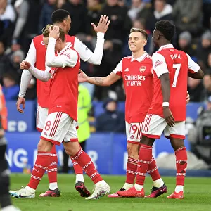 Arsenal's Gabriel, Trossard, and Saka in Action against Leicester City - Premier League 2022-23