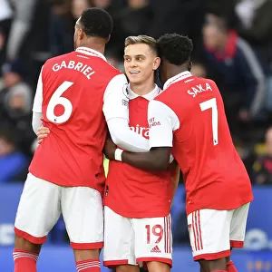 Arsenal's Gabriel, Trossard, and Saka in Action: Leicester City vs Arsenal, Premier League 2022-23
