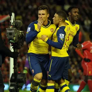 Arsenal's Giroud and Oxlade-Chamberlain Celebrate Goals Against Liverpool (2014/15) - Anfield Rivalry Unleashed Arsenal's Giroud and Oxlade-Chamberlain Celebrate Goals Against Liverpool (2014/15) - Anfield Rivalry Unleashed