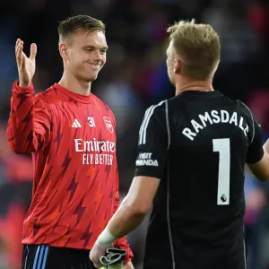 Arsenal's Goalkeepers Celebrate Victory: Crystal Palace vs Arsenal, Premier League 2023-24 Arsenal's Goalkeepers Celebrate Victory: Crystal Palace vs Arsenal, Premier League 2023-24