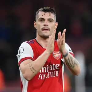 Arsenal's Granit Xhaka Applauding Fans: Arsenal vs West Ham United, Premier League 2021-22 Arsenal's Granit Xhaka Applauding Fans: Arsenal vs West Ham United, Premier League 2021-22