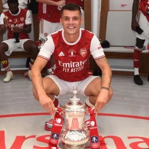 Arsenal's Granit Xhaka Celebrates FA Cup Victory: Arsenal v Chelsea, FA Cup Final 2020 (Empty Wembley Stadium) Arsenal's Granit Xhaka Celebrates FA Cup Victory: Arsenal v Chelsea, FA Cup Final 2020 (Empty Wembley Stadium)