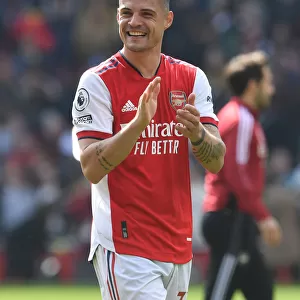 Arsenal's Granit Xhaka Celebrates with Fans After Arsenal vs Manchester United Win, 2021-22 Premier League