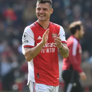 Arsenal's Granit Xhaka Celebrates with Fans After Arsenal vs Manchester United Win, 2021-22 Premier League Arsenal's Granit Xhaka Celebrates with Fans After Arsenal vs Manchester United Win, 2021-22 Premier League