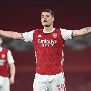 Arsenal's Granit Xhaka in Europa League Action vs Olympiacos (Behind Closed Doors)