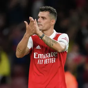 Arsenal's Granit Xhaka Honors Fans: Arsenal vs Aston Villa, Premier League 2022-23 Arsenal's Granit Xhaka Honors Fans: Arsenal vs Aston Villa, Premier League 2022-23