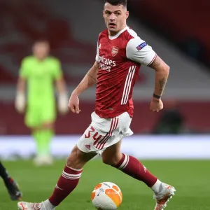 Arsenal's Granit Xhaka in UEFA Europa League Quarterfinal vs Slavia Praha at Empty Emirates Stadium