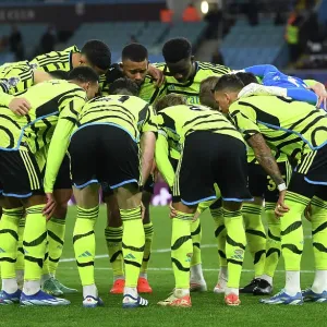 Arsenal's Half-Time Huddle: Aston Villa vs Arsenal, Premier League 2023-24 Arsenal's Half-Time Huddle: Aston Villa vs Arsenal, Premier League 2023-24
