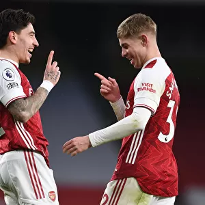 Arsenal's Hector Bellerin and Emile Smith Rowe Celebrate Goals Against Leeds United