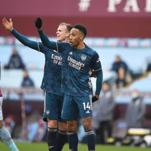 Arsenal's Holding and Aubameyang at Empty Villa Park: Aston Villa vs Arsenal, Premier League 2021 Arsenal's Holding and Aubameyang at Empty Villa Park: Aston Villa vs Arsenal, Premier League 2021