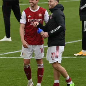 Arsenal's Holding and Chambers Celebrate Victory Over Brighton & Hove Albion (2020-21) Arsenal's Holding and Chambers Celebrate Victory Over Brighton & Hove Albion (2020-21)
