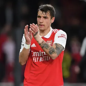 Arsenal's Jakub Kiwior Celebrates with Fans after Arsenal v Chelsea Victory, Premier League 2022-23 Arsenal's Jakub Kiwior Celebrates with Fans after Arsenal v Chelsea Victory, Premier League 2022-23