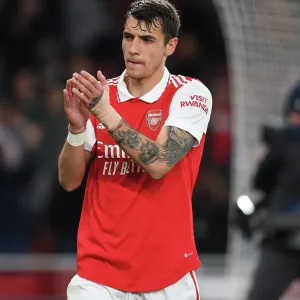 Arsenal's Jakub Kiwior Celebrates with Fans after Arsenal vs. Chelsea Victory, Premier League 2022-23 Arsenal's Jakub Kiwior Celebrates with Fans after Arsenal vs. Chelsea Victory, Premier League 2022-23