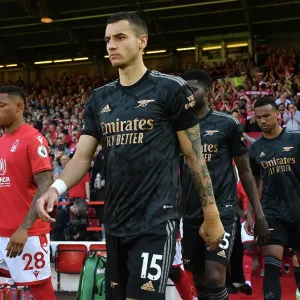 Arsenal's Jakub Kiwior Leads Team Out vs. Nottingham Forest (May 2023, Premier League)