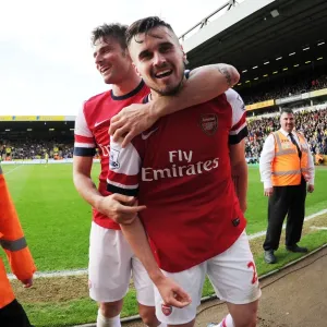 Arsenal's Jenkinson and Giroud Celebrate Goal Against Norwich City (May 2014)