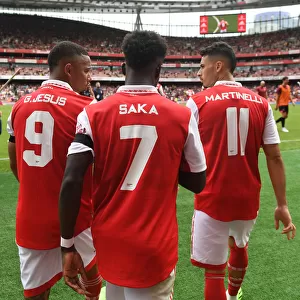 Arsenal's Jesus, Saka, and Martinelli in Action against Sevilla during Emirates Cup 2022
