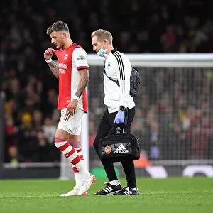 Arsenal's Jordan Reece Tends to Injured Ben White vs Leeds United in Carabao Cup