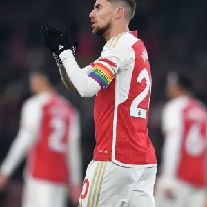Arsenal's Jorginho Celebrates with Fans after Arsenal v Wolverhampton Wanderers in 2023-24 Premier League