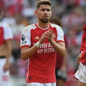 Arsenal's Jorginho Celebrates with Fans after Arsenal vs Manchester United, Premier League 2023-24