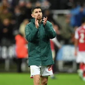 Arsenal's Jorginho Celebrates with Fans after Newcastle Victory, Premier League 2023-24