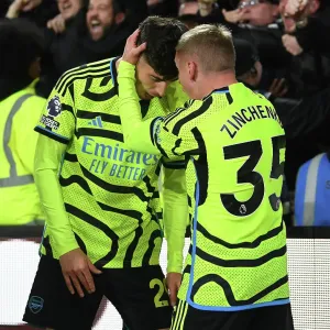 Arsenal's Jubilant Moment: Havertz and Zinchenko Celebrate Goal vs Brentford, Premier League 2023-24