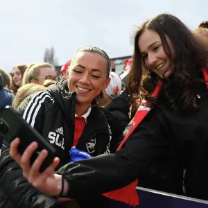 Arsenal's Katie McCabe Celebrates Victory with Fan: Selfie Moment after Arsenal Women's Win over Everton FC Arsenal's Katie McCabe Celebrates Victory with Fan: Selfie Moment after Arsenal Women's Win over Everton FC