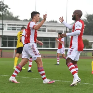 Arsenal's Kieran Tierney and Alex Lacazette Celebrate Goal in Arsenal v Watford Pre-Season Friendly (2021-22)