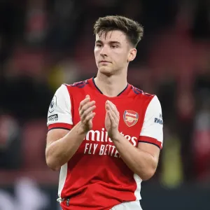 Arsenal's Kieran Tierney Applauding Fans after Arsenal v West Ham United, Premier League 2021-22 Arsenal's Kieran Tierney Applauding Fans after Arsenal v West Ham United, Premier League 2021-22