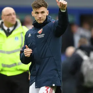 Arsenal's Kieran Tierney Applauding Fans after Everton Victory - Premier League 2022-23