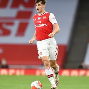 Arsenal's Kieran Tierney at Empty Emirates: Arsenal vs Liverpool, Premier League 2019-2020 Arsenal's Kieran Tierney at Empty Emirates: Arsenal vs Liverpool, Premier League 2019-2020