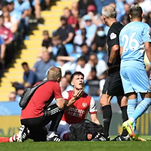 Arsenal's Kieran Tierney Protests to Referee during Manchester City Clash - Premier League 2021-22