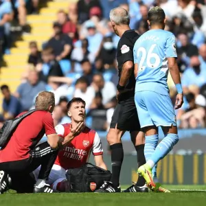 Arsenal's Kieran Tierney Protests to Referee during Manchester City Clash - Premier League 2021-22