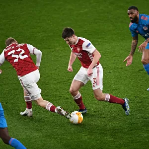 Arsenal's Kieran Tierney in UEFA Europa League Action Against Olympiacos (Behind Closed Doors)