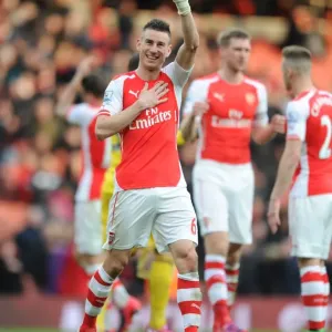 Arsenal's Koscielny Celebrates Goal Against West Ham in Premier League 2014-2015