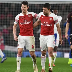 Arsenal's Koscielny and Sokratis Celebrate after Arsenal FC vs Chelsea FC, Premier League 2018-19