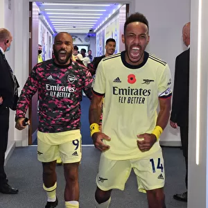 Arsenal's Lacazette and Aubameyang Celebrate Goal in Leicester City vs Arsenal (2021-22)