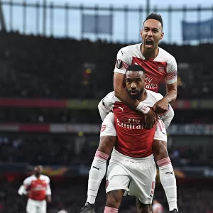 Arsenal's Lacazette and Aubameyang: Celebrating Europa League Semi-Final Goals at Emirates Stadium