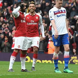 Arsenal's Lacazette and Aubameyang: A Harmonious Duo Celebrating Goals (Arsenal v Stoke City 2017-18)