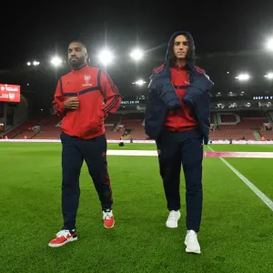 Arsenal's Lacazette and Guendouzi in Pre-Match Huddle: United Against Sheffield United (2019-20) Arsenal's Lacazette and Guendouzi in Pre-Match Huddle: United Against Sheffield United (2019-20)