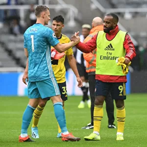 Arsenal's Lacazette and Leno Celebrate Win Against Newcastle United (Newcastle United v Arsenal 2019-20)