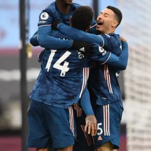 Arsenal's Lacazette, Pepe, Aubameyang, and Martinelli Celebrate Goals Against West Ham in Premier League Arsenal's Lacazette, Pepe, Aubameyang, and Martinelli Celebrate Goals Against West Ham in Premier League