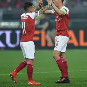 Arsenal's Laurent Koscielny and Lucas Torreira Celebrate before Europa League Final vs Chelsea