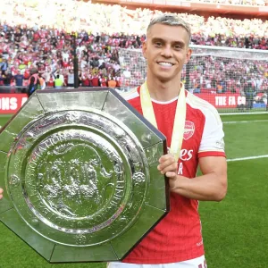 Arsenal's Leandro Trossard Reacts After Community Shield Loss to Manchester City, 2023-24 Arsenal's Leandro Trossard Reacts After Community Shield Loss to Manchester City, 2023-24