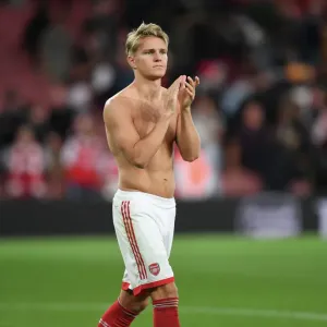 Arsenal's Martin Odegaard Celebrates with Fans after Arsenal v Aston Villa Win, 2022-23 Premier League Arsenal's Martin Odegaard Celebrates with Fans after Arsenal v Aston Villa Win, 2022-23 Premier League